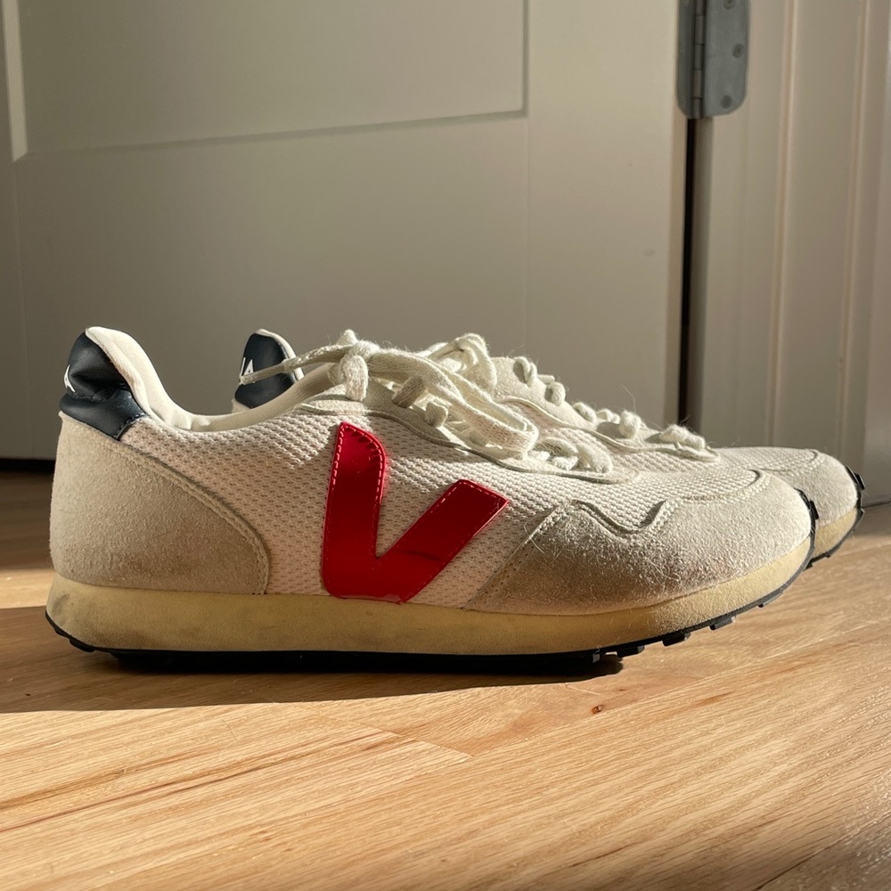 Veja Cream and Red/Pink Logo Sneakers